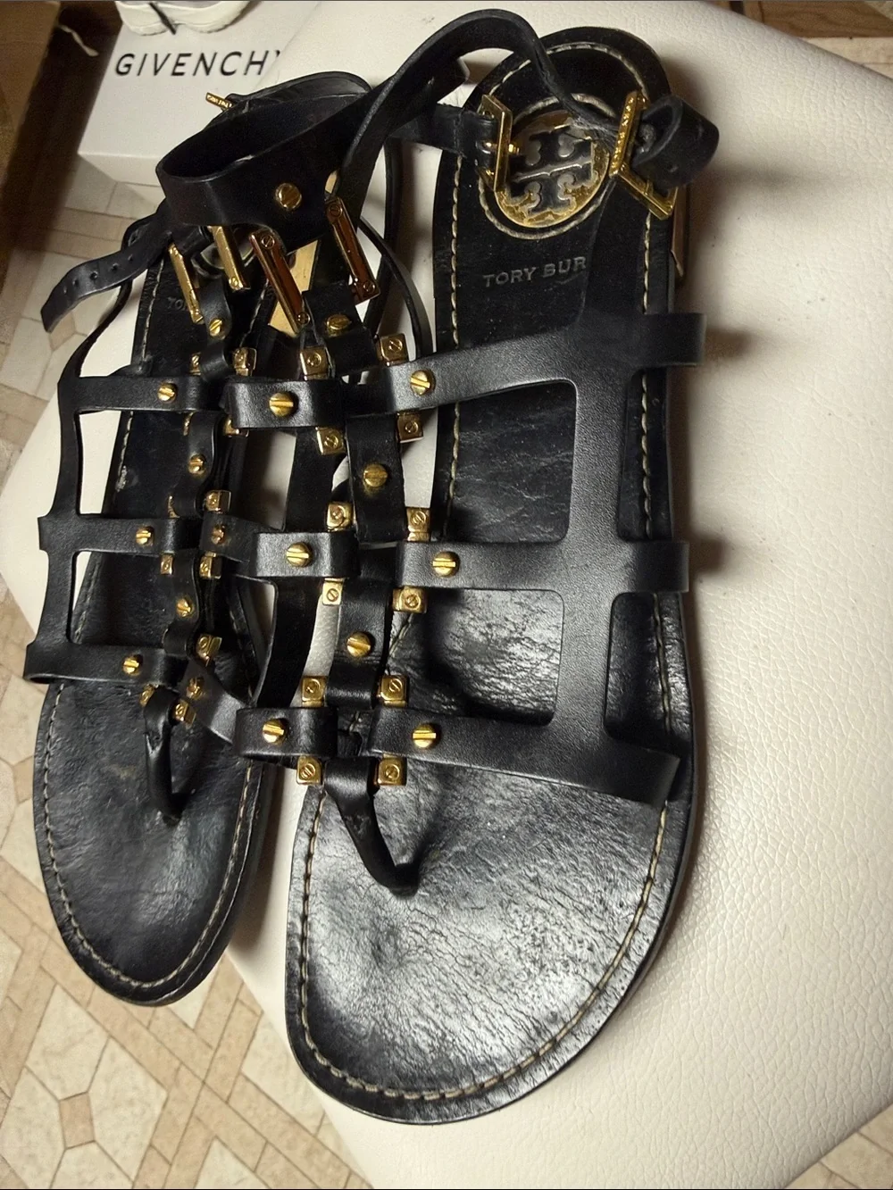 Tory Burch Black Leather Gladiator Sandals with Gold Studs